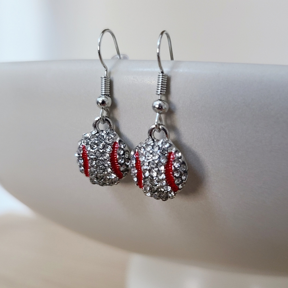 Baseball Rhinestone Earrings, Baseball Dangle Earrings, Silver Sports Earrings - Picture 2 of 8